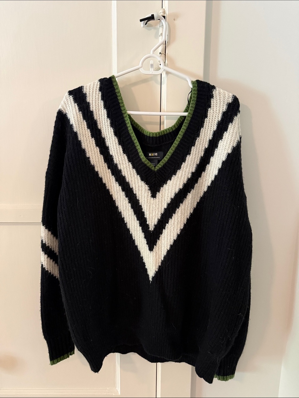 Maeve Black V-Neck Sweater with White Chevron